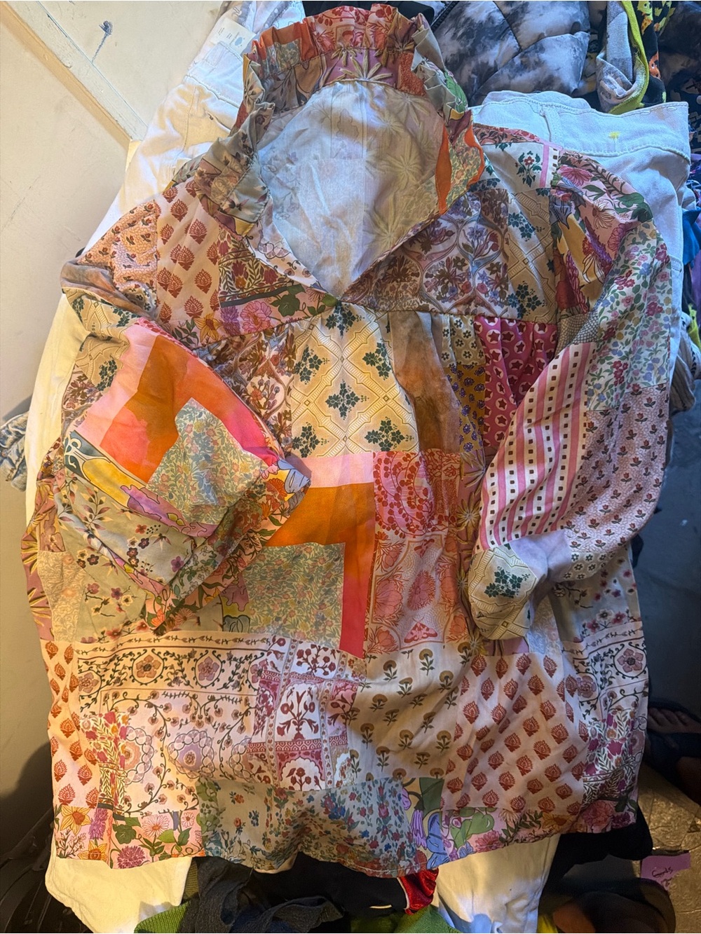 Source Unknown Multicolor Patchwork Floral Bomber Jacket with Hood